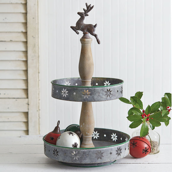 Two-Tiered Metal Christmas Tray - Countryside Home Decor