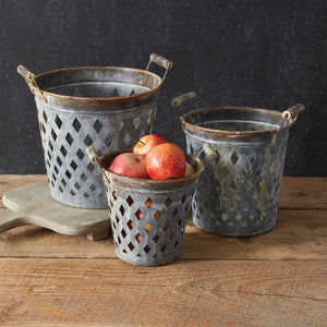 Set of Three Rustic Open Weave Metal Buckets - Countryside Home Decor