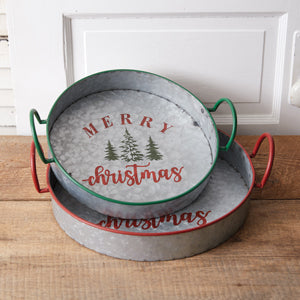 Set of Two Galvanized Merry Christmas Trays - Countryside Home Decor