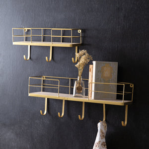 Set of Two Gold Finish Shelves with Hooks - Countryside Home Decor
