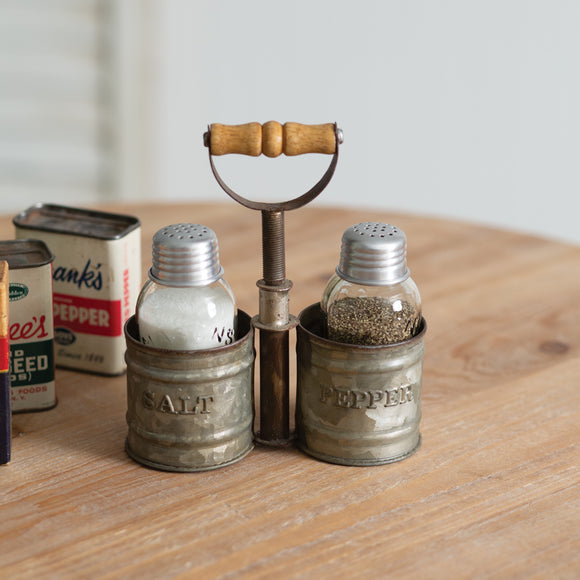 Galvanized Salt and Pepper Caddy with Wood Handle - Countryside Home Decor