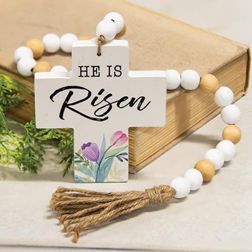 He Is Risen Wooden Bead Garland With Cross - Countryside Home Decor