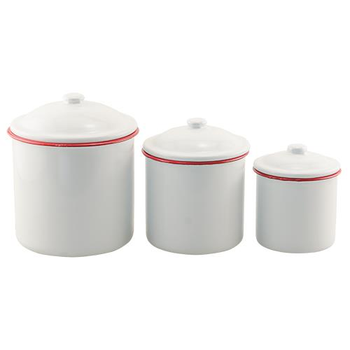 Set of Three Red Rim Enamel Canisters
