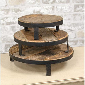 Set of Three Weathered Wood and Metal Round Risers - Countryside Home Decor