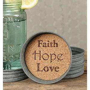 Mason Jar Lid Coaster - Faith Hope Love - Box of 4 - Countryside Home Decor
