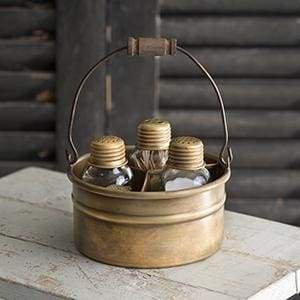 Round Bucket Salt Pepper and Toothpick Caddy - Antique Brass - Countryside Home Decor